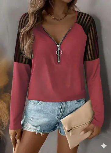 Women's Long Sleeve Zip-Up Viscose Blouse - BÜYÜKBEDENIZ (1)