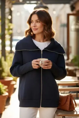 Women's Long Sleeve Zipper Detail Sweatshirt - 1