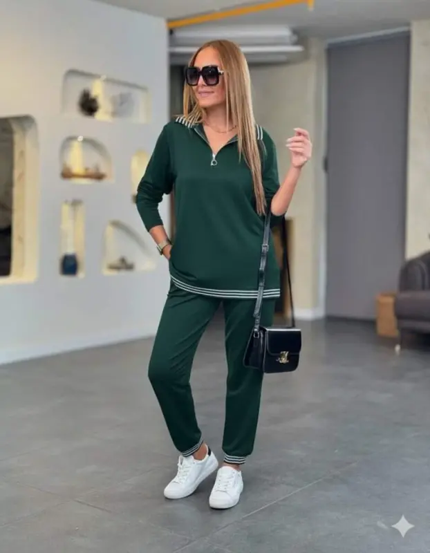 Women's Long Sleeve Zipper Striped Detail Patterned Bottom Top Viscose Two Thread Set - 1