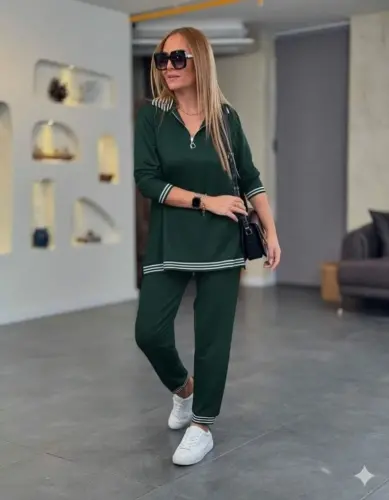 Women's Long Sleeve Zipper Striped Detail Patterned Bottom Top Viscose Two Thread Set - BÜYÜKBEDENIZ (1)