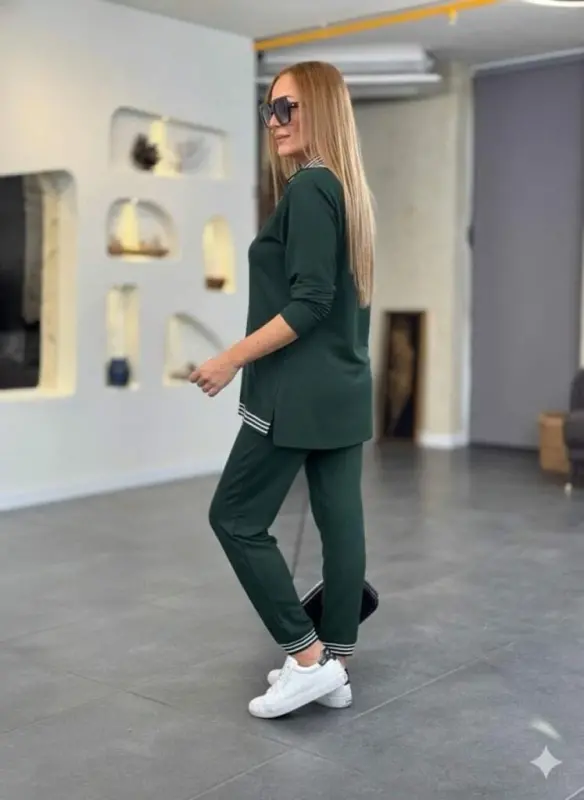 Women's Long Sleeve Zipper Striped Detail Patterned Bottom Top Viscose Two Thread Set - 3