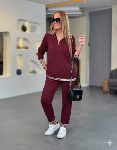 Women's Long Sleeve Zipper Striped Detail Patterned Top and Bottom Viscose Two Thread Set - 1