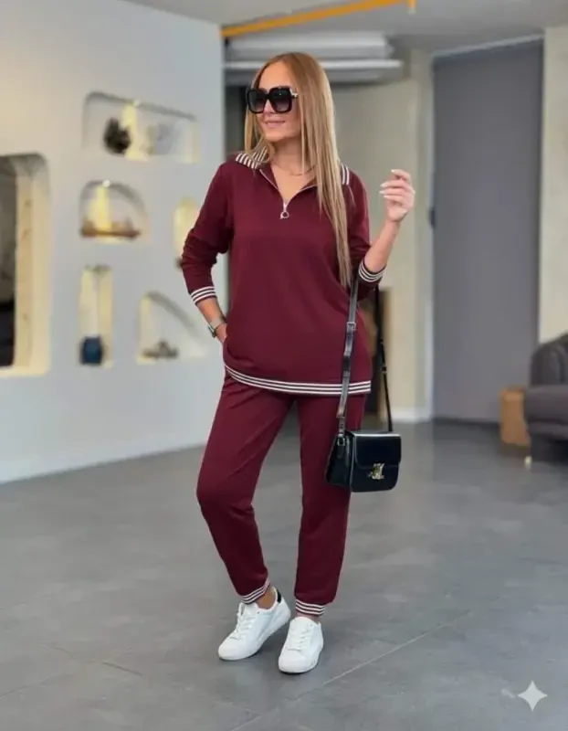 Women's Long Sleeve Zipper Striped Detail Patterned Top and Bottom Viscose Two Thread Set - BÜYÜKBEDENIZ