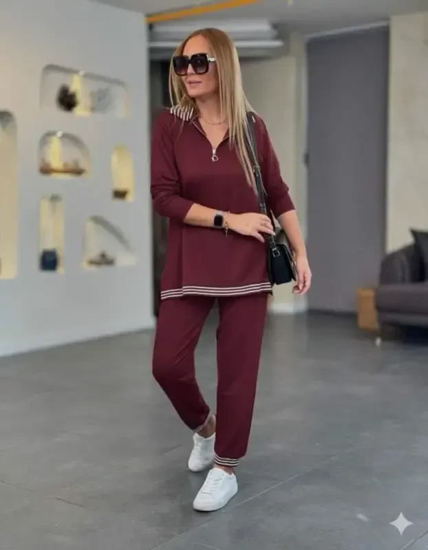 Women's Long Sleeve Zipper Striped Detail Patterned Top and Bottom Viscose Two Thread Set - 2