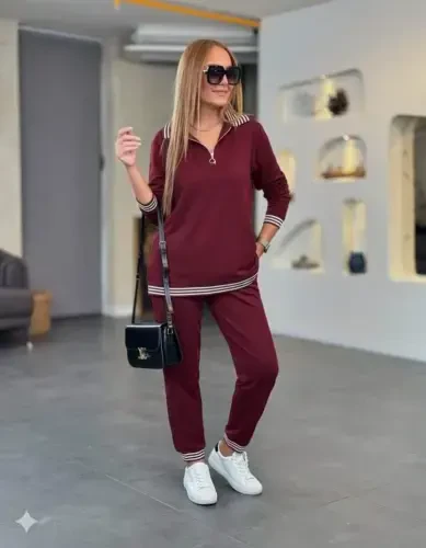 Women's Long Sleeve Zipper Striped Detail Patterned Top and Bottom Viscose Two Thread Set - 3