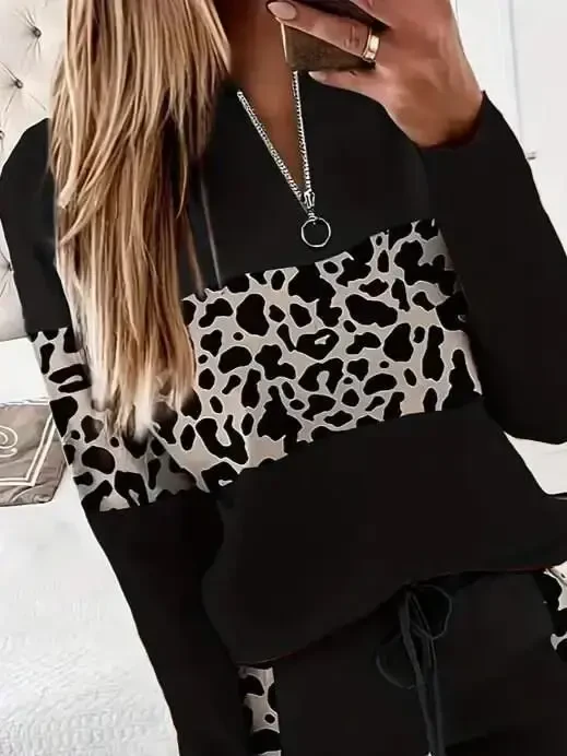 Women's Long Sleeve Zippered Mixed Patterned Viscose Two Thread Blouse and Pants Set - 2