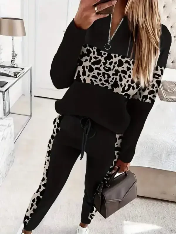 Women's Long Sleeve Zippered Mixed Patterned Viscose Two Thread Blouse and Pants Set - 4