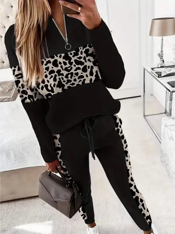 Women's Long Sleeve Zippered Mixed Patterned Viscose Two Thread Blouse and Pants Set - 1
