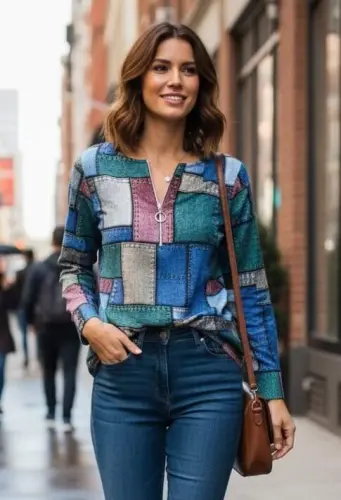 Women's Long Sleeve Zippered Neck Denim Look Patterned Long Modal Blouse - 3