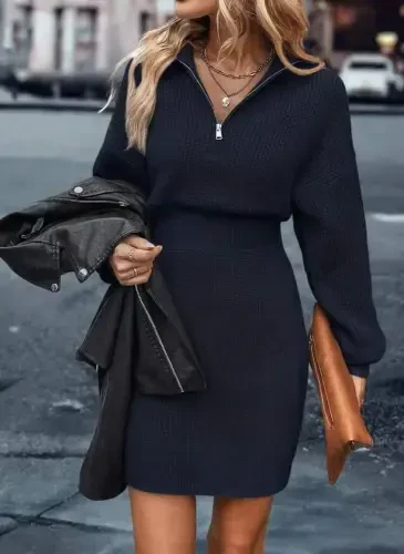 Women's Long Sleeve Zippered Neck Mini Knitted Dress - 1
