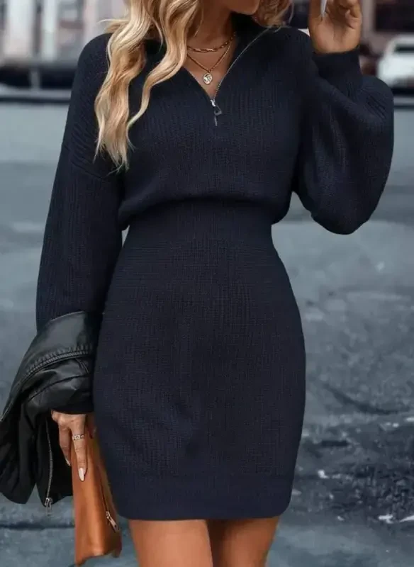 Women's Long Sleeve Zippered Neck Mini Knitted Dress - 2