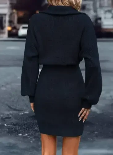 Women's Long Sleeve Zippered Neck Mini Knitted Dress - 4