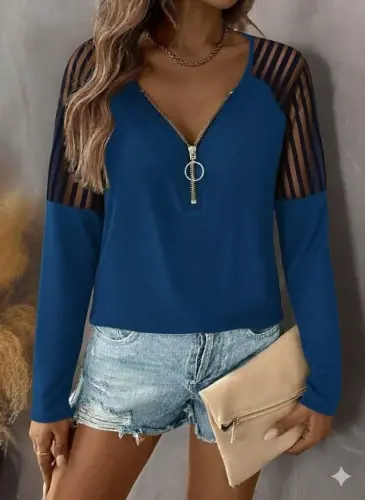 Women's Long Sleeve Zippered Viscose Blouse - BÜYÜKBEDENIZ (1)