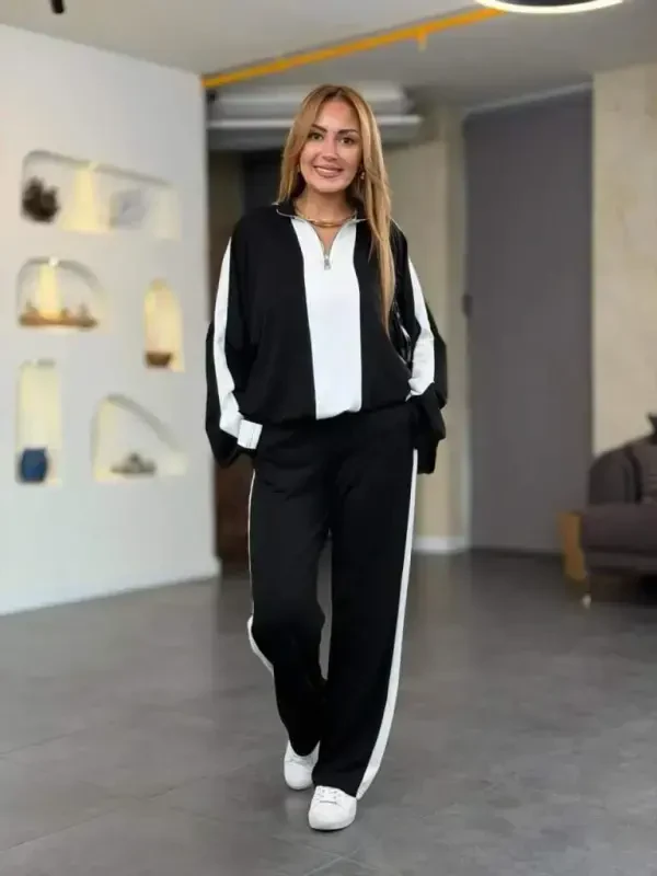 Women's Long Sleeve Zippered Viscose Two Thread Blouse and Pants Set - 1