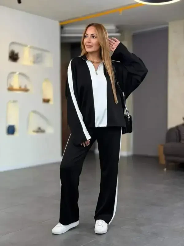 Women's Long Sleeve Zippered Viscose Two Thread Blouse and Pants Set - 3