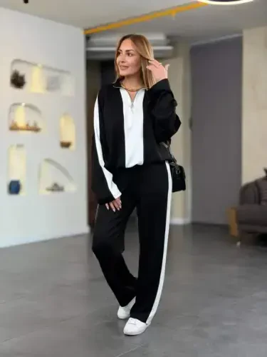 Women's Long Sleeve Zippered Viscose Two Thread Blouse and Pants Set - 5