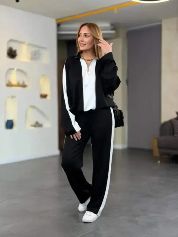 Women's Long Sleeve Zippered Viscose Two Thread Blouse and Pants Set - 5