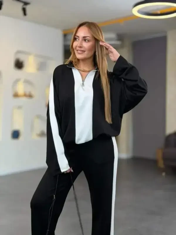 Women's Long Sleeve Zippered Viscose Two Thread Blouse and Pants Set - 6