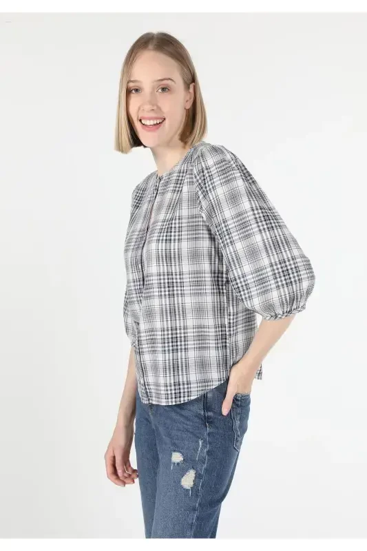Women's long-sleeved, bisiklet collar, plaid, navy blue, regular fit shirt. - COLIN’S
