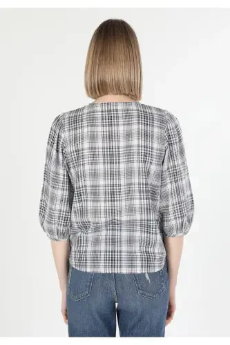 Women's long-sleeved, bisiklet collar, plaid, navy blue, regular fit shirt. - COLIN’S (1)