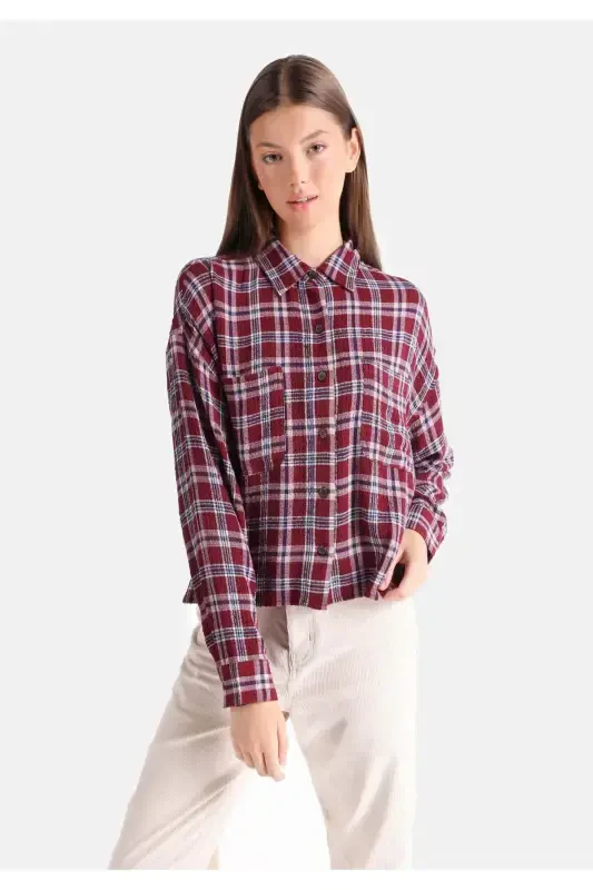 Women's long-sleeved plaid burgundy shirt - COLIN’S