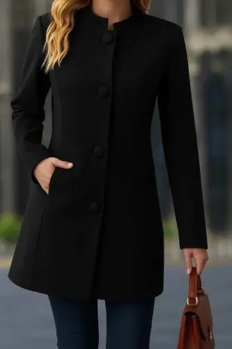 Women's Long Sleeves Mandarin Collar Front Buttoned Pocket Detailed Short Felt Jacket - BÜYÜKBEDENIZ (1)