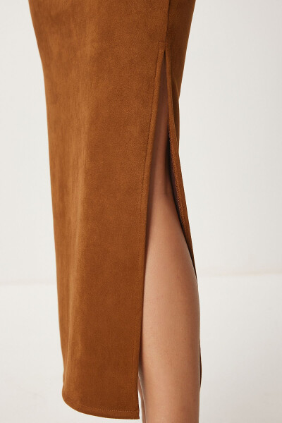 Women's Long Suede Skirt with Thigh Slit MC00292 - HAPPINESS İSTANBUL