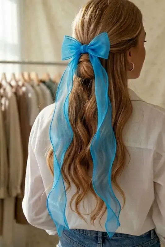 Women's Long Tulle Bow Buckle Dark Petrol Blue-PETROLMAVİSİ - 3