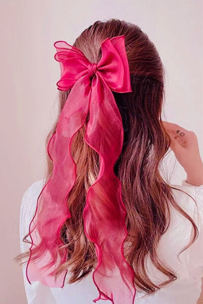 Women's Long Tulle Bow Hair Clip Fuchsia - 2