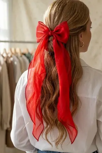 Women's Long Tulle Bow Hair Clip Red 