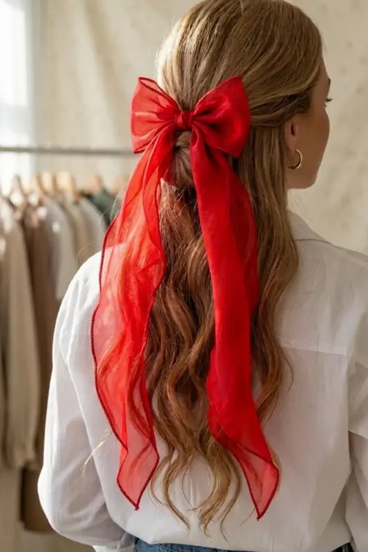 Women's Long Tulle Bow Hair Clip Red - PETEK AKSESUAR