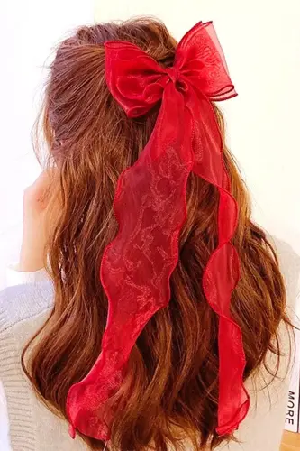 Women's Long Tulle Bow Hair Clip Red - 3
