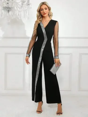 Women's Long V-Neck Sequined Tulle Detail Long Imported Crepe Jumpsuit - 1