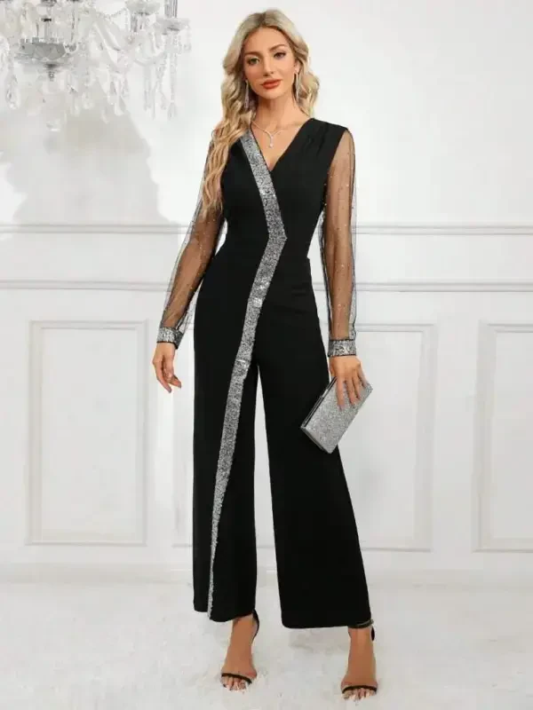 Women's Long V-Neck Sequined Tulle Detail Long Imported Crepe Jumpsuit - BÜYÜKBEDENIZ