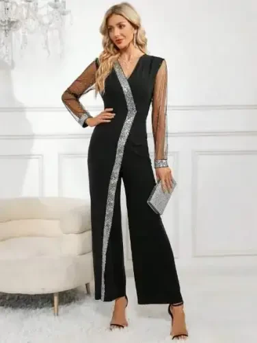 Women's Long V-Neck Sequined Tulle Detail Long Imported Crepe Jumpsuit - BÜYÜKBEDENIZ (1)