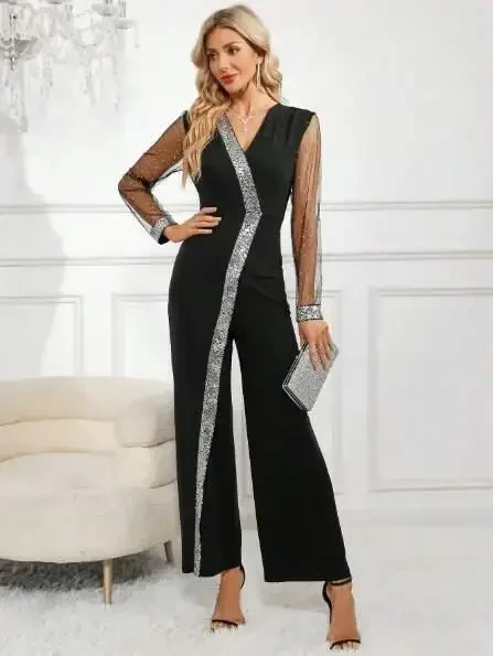 Women's Long V-Neck Sequined Tulle Detail Long Imported Crepe Jumpsuit - 2