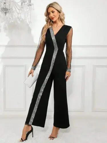 Women's Long V-Neck Sequined Tulle Detail Long Imported Crepe Jumpsuit - 3
