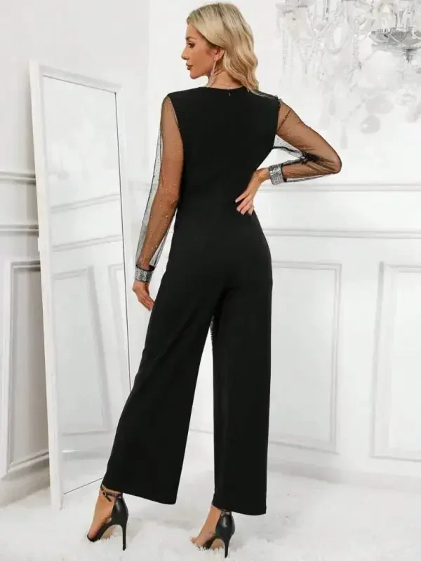 Women's Long V-Neck Sequined Tulle Detail Long Imported Crepe Jumpsuit - 4