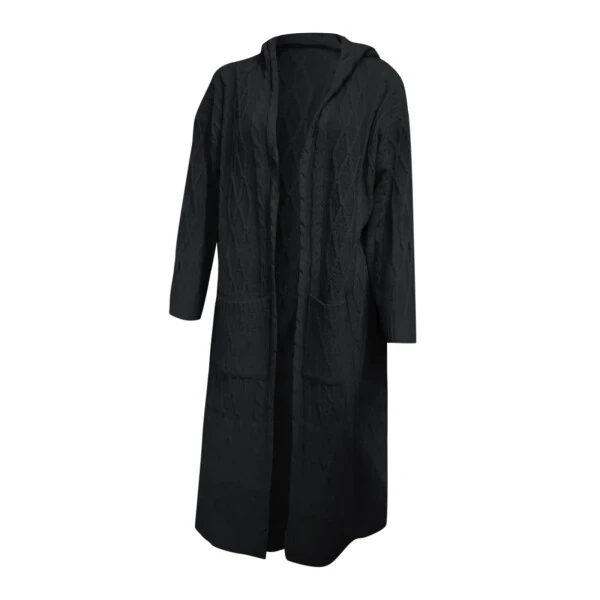 Women's Long Winter Cardigan, Solid Knit, Loose, Hooded, Long Cardigan Sweater, Pocket Coat, Black, XL - 3