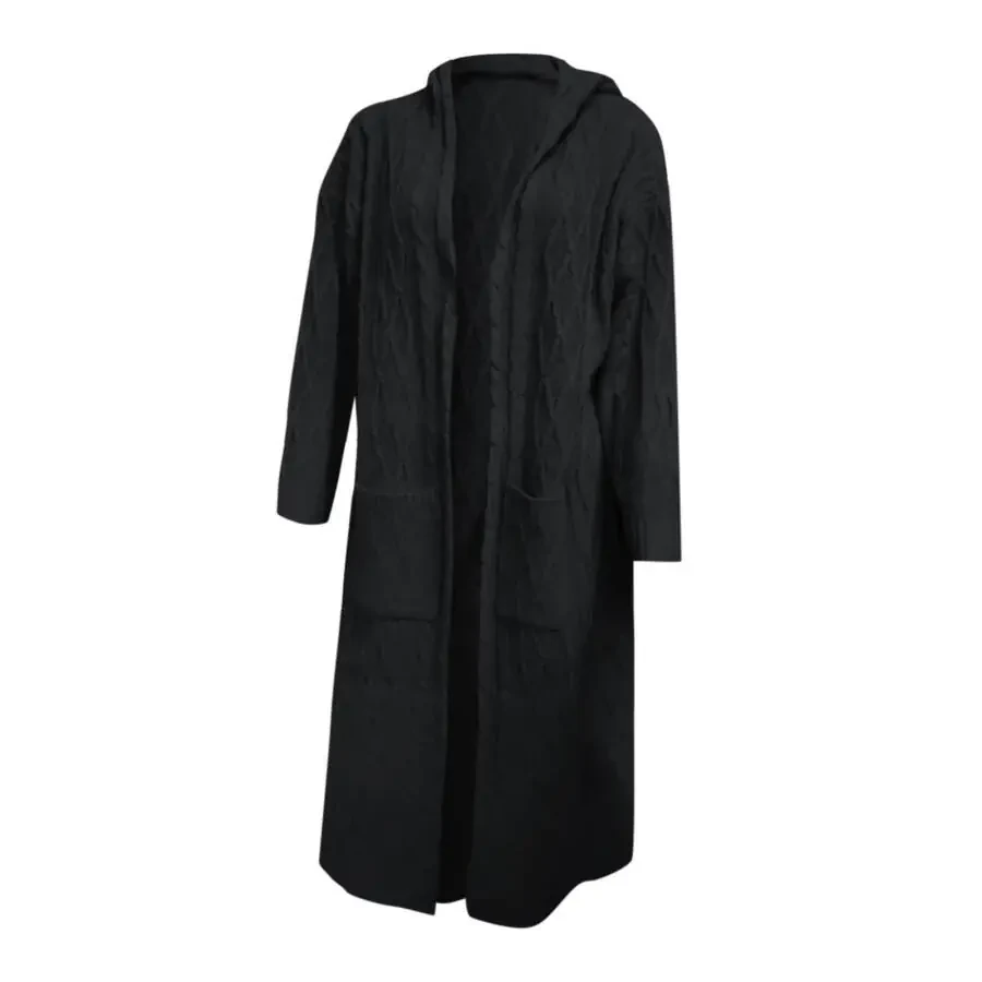 Women's Long Winter Cardigan, Solid Knit, Loose, Hooded, Long Cardigan Sweater, Pocket Coat, Black, XL - 3