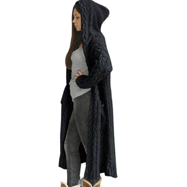 Women's Long Winter Cardigan, Solid Knit, Loose, Hooded, Long Cardigan Sweater, Pocket Coat, Black, XL - 4