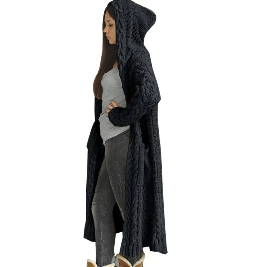 Women's Long Winter Cardigan, Solid Knit, Loose, Hooded, Long Cardigan Sweater, Pocket Coat, Black, XL - 4