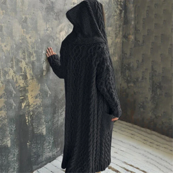 Women's Long Winter Cardigan, Solid Knit, Loose, Hooded, Long Cardigan Sweater, Pocket Coat, Black, XL - 5