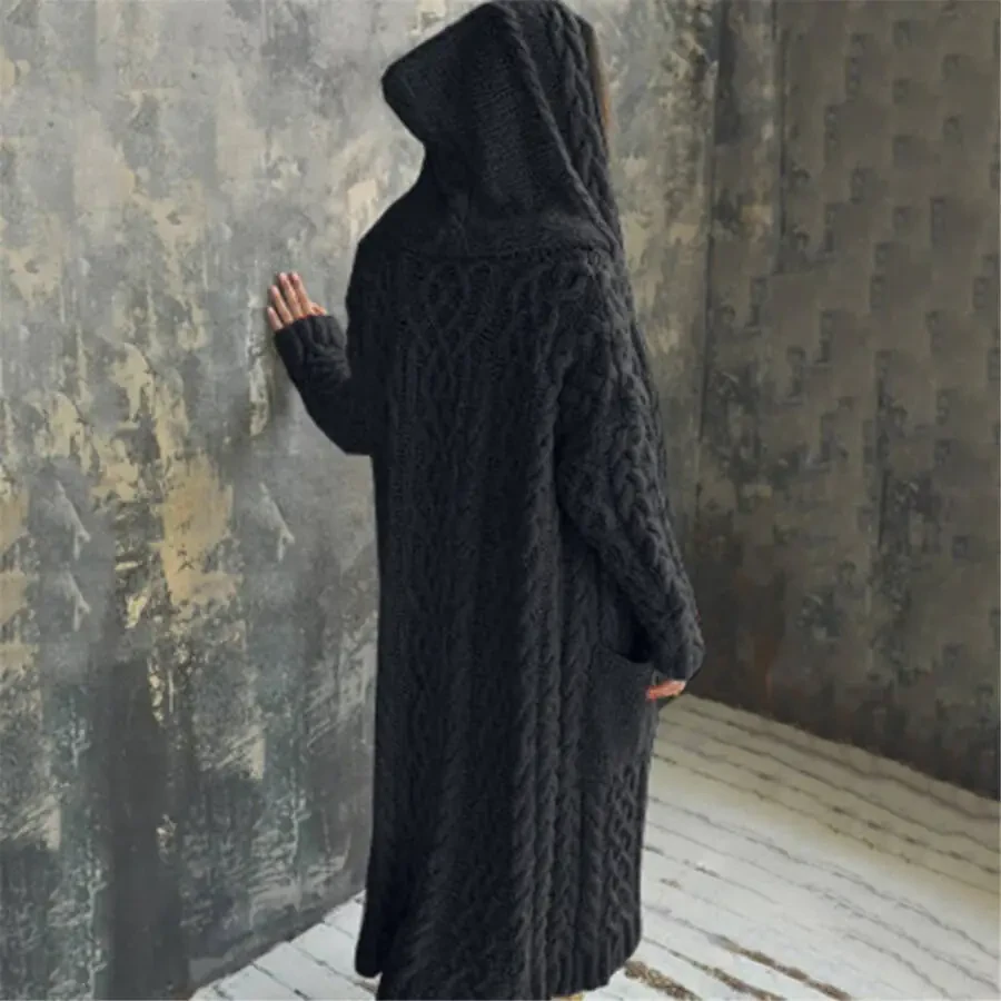 Women's Long Winter Cardigan, Solid Knit, Loose, Hooded, Long Cardigan Sweater, Pocket Coat, Black, XL - 5