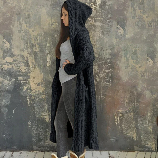 Women's Long Winter Cardigan, Solid Knit, Loose, Hooded, Long Cardigan Sweater, Pocket Coat, Black, XL - 6