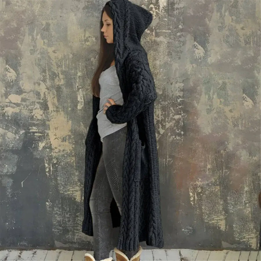 Women's Long Winter Cardigan, Solid Knit, Loose, Hooded, Long Cardigan Sweater, Pocket Coat, Black, XL - 6