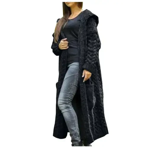 Women's Long Winter Cardigan, Solid Knit, Loose, Hooded, Long Cardigan Sweater, Pocket Coat, Black, XL - 1