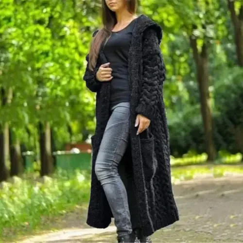 Women's Long Winter Cardigan, Solid Knit, Loose, Hooded, Long Cardigan Sweater, Pocket Coat, Black, XL - ZILOCO (1)