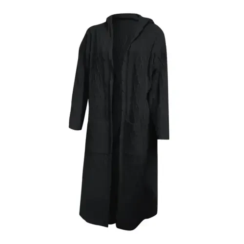 Women's Long Winter Cardigan, Solid Knit, Loose, Hooded, Long Cardigan Sweater, Pocket Coat, Black, XL - 4