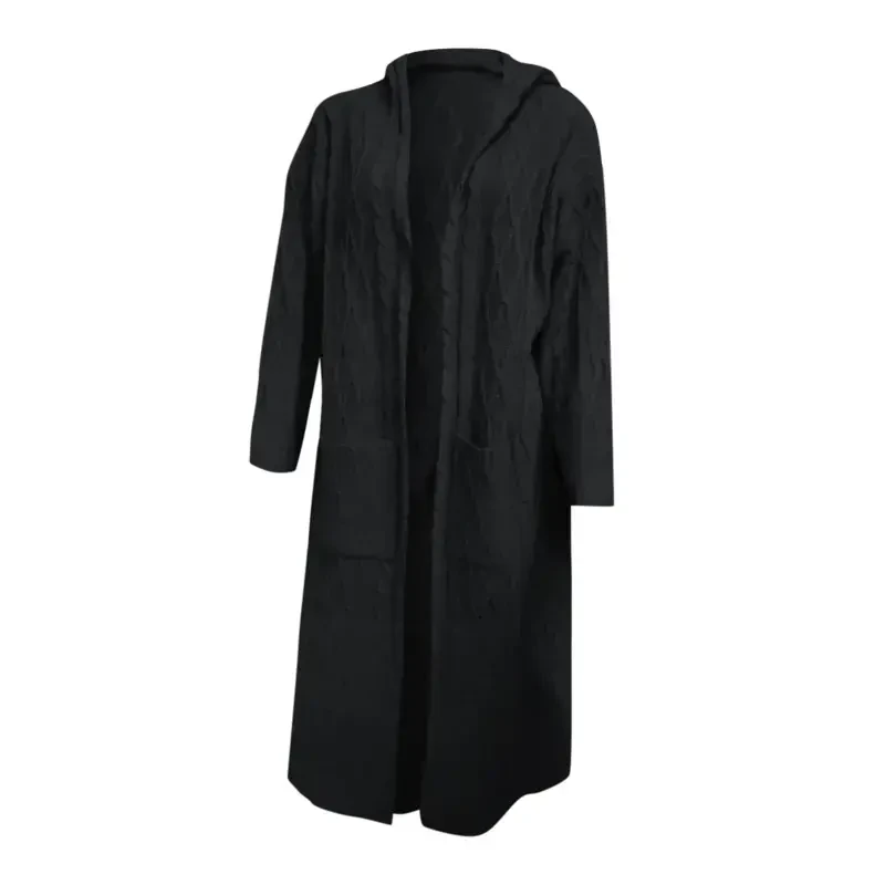 Women's Long Winter Cardigan, Solid Knit, Loose, Hooded, Long Cardigan Sweater, Pocket Coat, Black, XL - 4